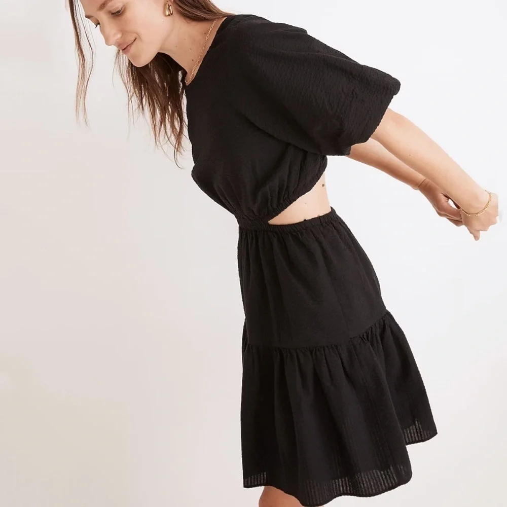 NWT Madewell Seersucker Puff-Sleeve Cutout Mini Dress in Black - Picture 2 of 10